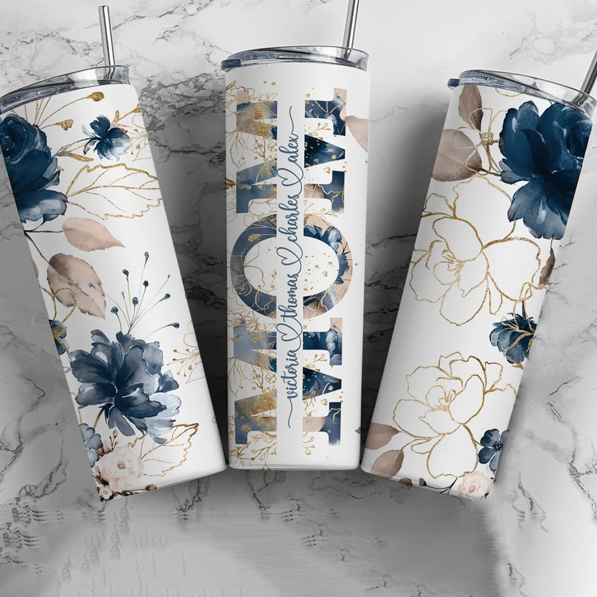 Custom Mom Blue Floral Tumbler Mothers Day Travel Mug With Custom Name Tumbler Cup 20oz Skinny Tumbler